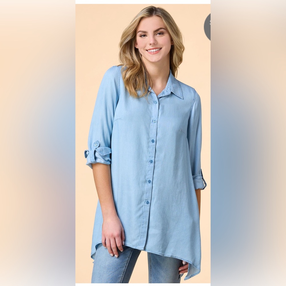 NWT Chambray denim style. High low. Can be worn as a dress or a blouse. S